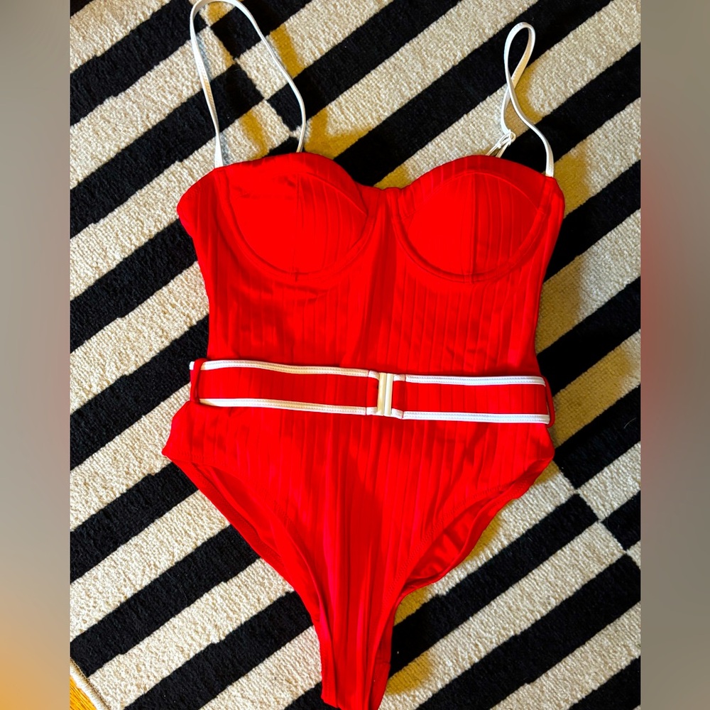 Solid & Striped 
Red One-Piece Swimsuit with Belt